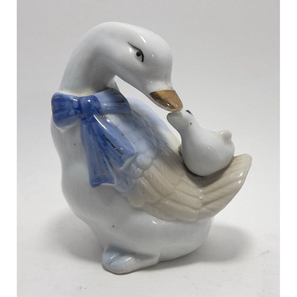 Vintage Porcelain Mother Goose w/ Baby Figurine White Blue & Gold Beak